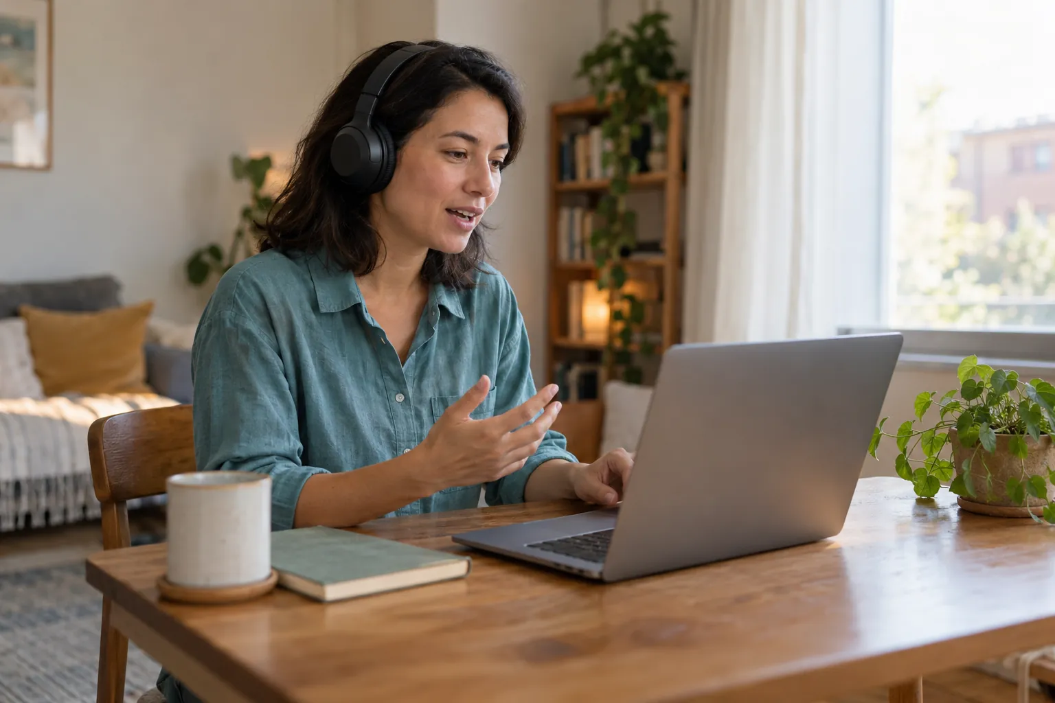A learner practising English from home, speaking along with her laptop while wearing headphones