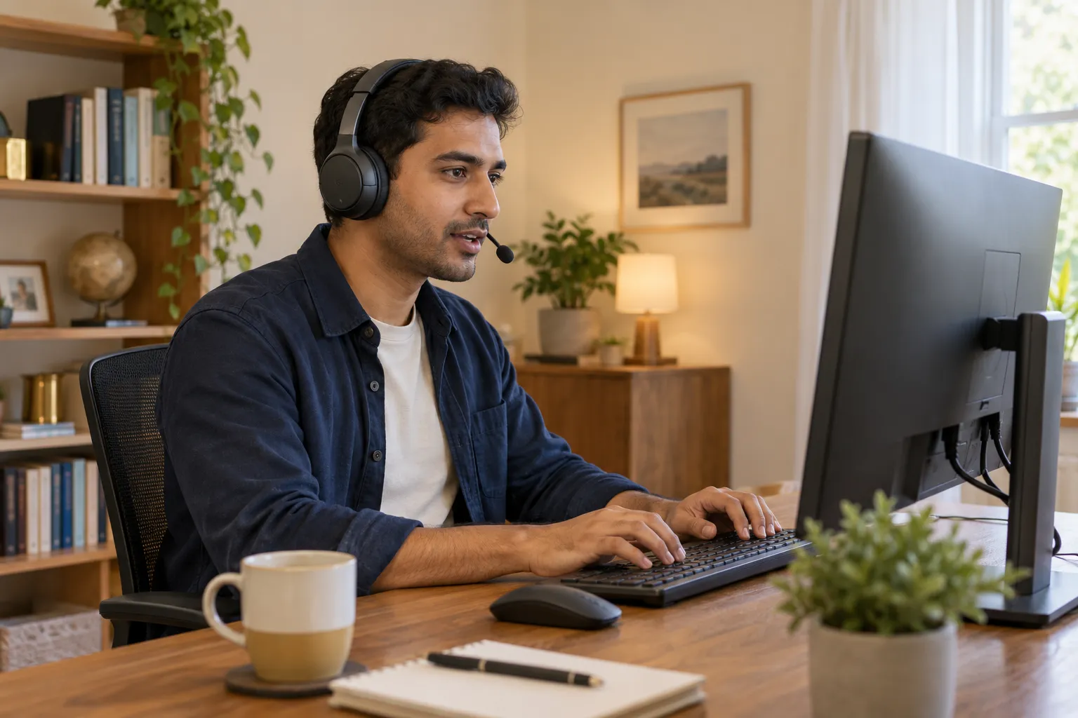 A learner practising spoken English with a headset and microphone at a home computer